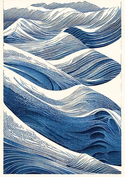 Dynamic abstract print featuring layers of varying blues, teals, and navy hues suggesting powerful, deep-sea tidal currents
