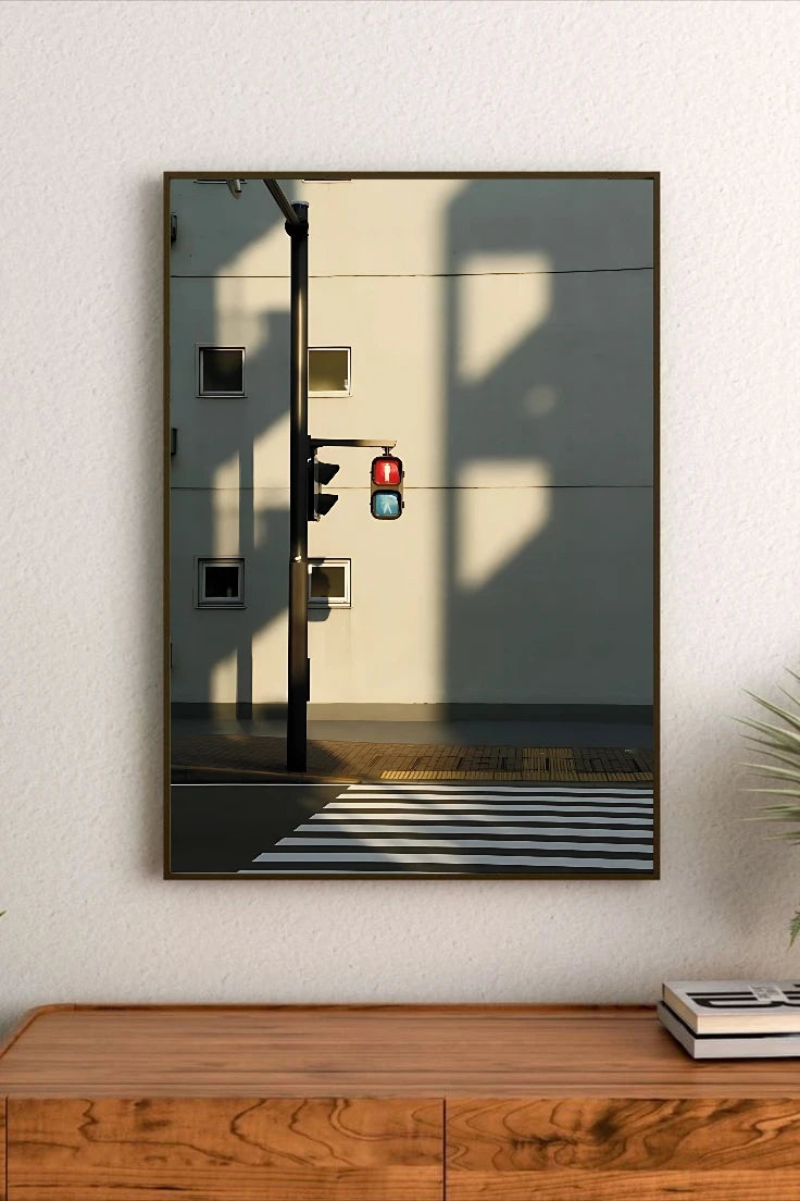 Portrait print featuring a traffic light with red and green signals against a building facade with small windows