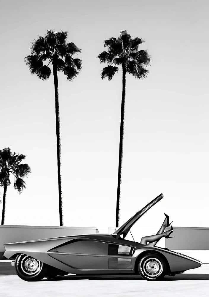 Landscape art composition displaying fragmented automotive typography alongside geometric elements in deep reds and blacks