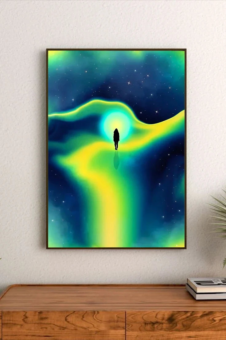 Abstract portrait design showing a translucent figure suspended within glowing geometric scaffolding of blues and purples against deep black space