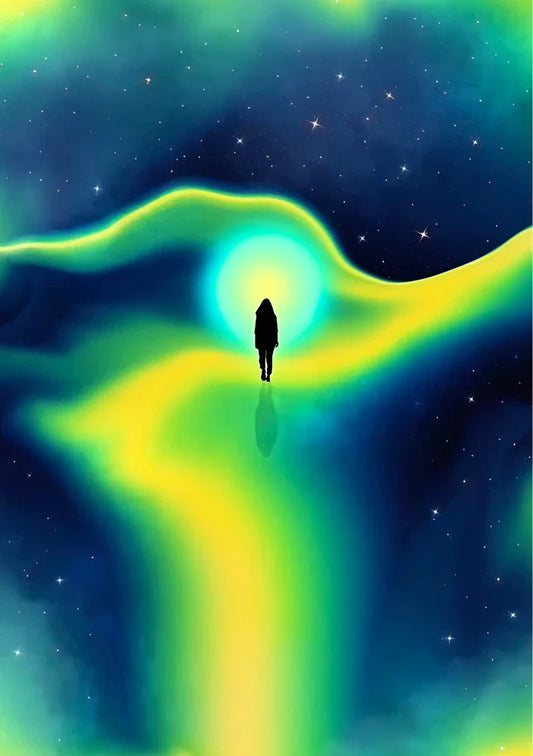 Surreal digital poster depicting two intertwined, ghostly figures connected by flowing ribbons of teal and violet energy across a cosmic void