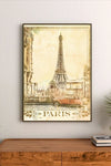 Portrait poster with sepia-toned Eiffel Tower and vintage car, ornate "PARIS" typography beneath, aged paper texture style