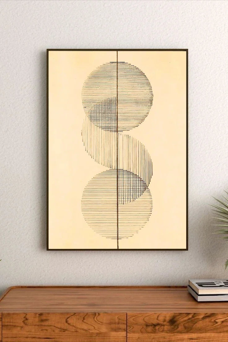 Dark abstract poster design with contrasting vertical lines, geometric shapes, and stylized elemental symbols using black and crimson colors