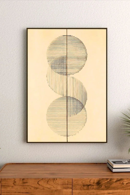 Dark abstract poster design with contrasting vertical lines, geometric shapes, and stylized elemental symbols using black and crimson colors