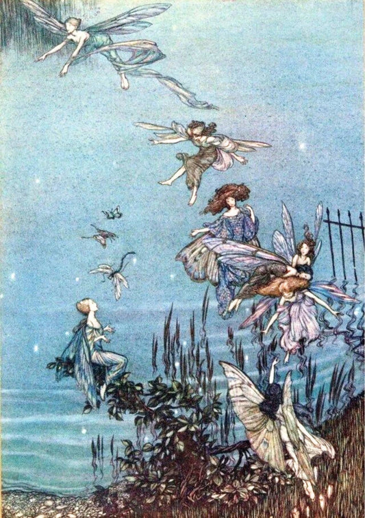 Cottagecore illustration in vertical orientation: A yellow-dressed girl interacting with delicate pink and yellow blooms among lush green leaves