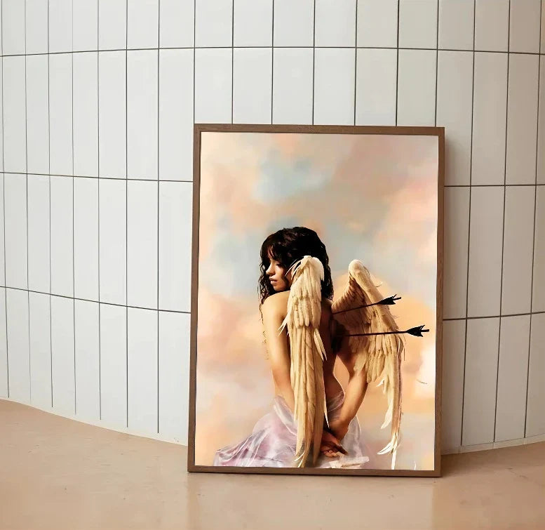 Portrait poster illustration featuring an angel motif with soft pink and cream color palette, incorporating floral details and gothic typography