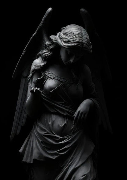 Dark fantasy poster showing a stylized figure in black attire with striking crimson highlights and dramatic composition in vertical orientation