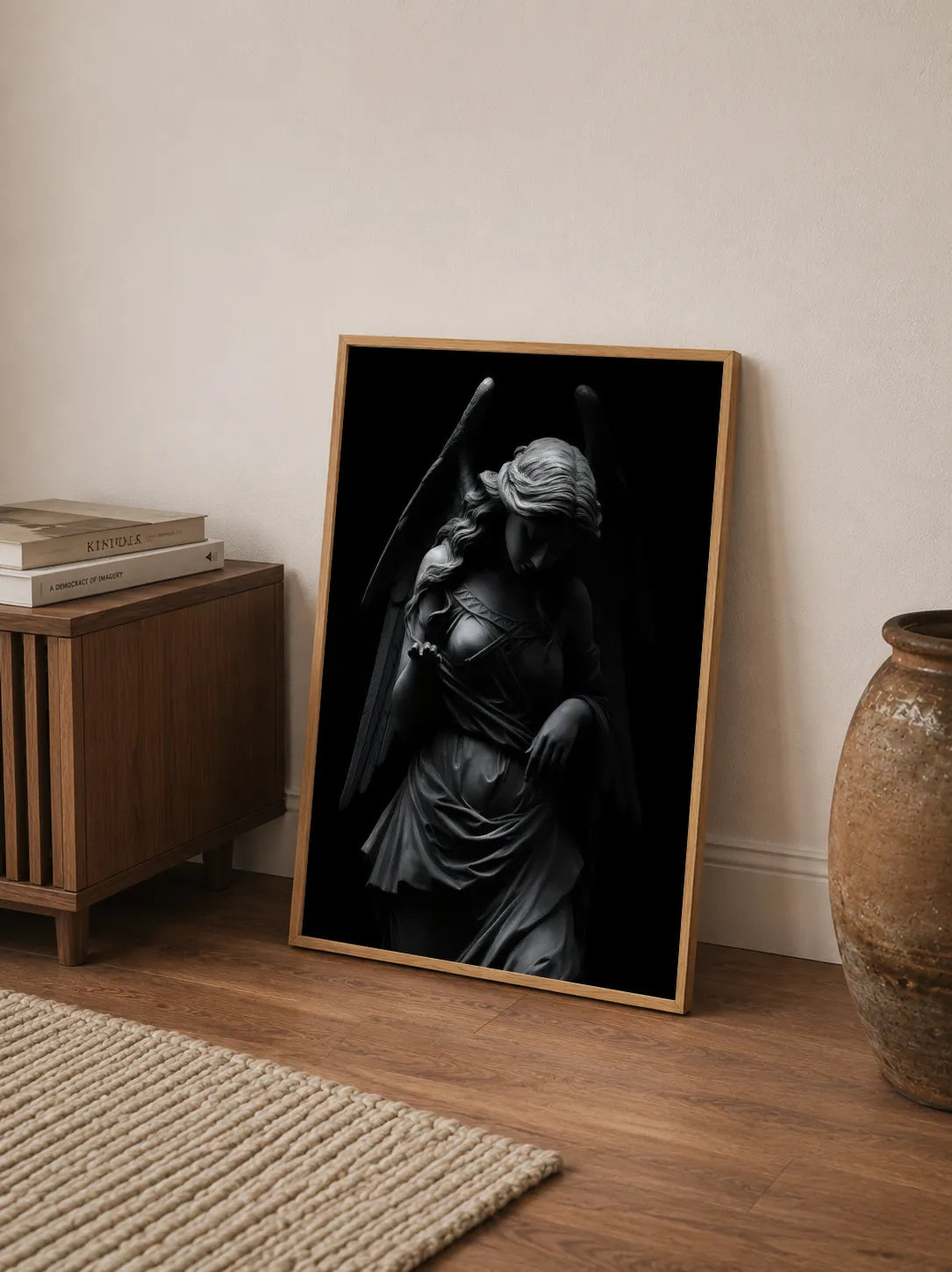 Noir-themed portrait emphasizing an imposing silhouette framed by flowing elements; the design uses rich blacks and gothic details
