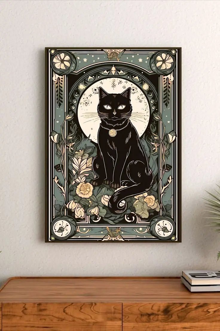 Detailed minimalist line art poster dominated by geometric patterns and celestial symbols rendered in muted blue and gold ink