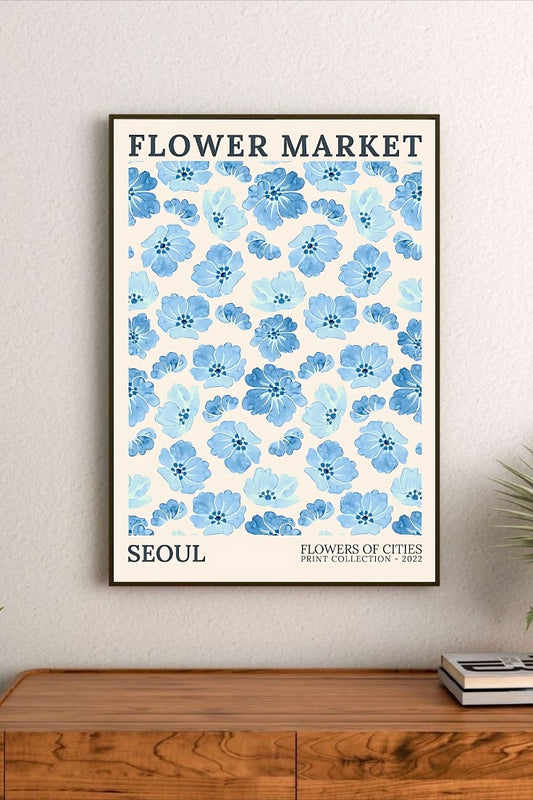 Portrait poster featuring blue petals and pink lemonade themes with stylized typography and delicate pastel floral illustrations