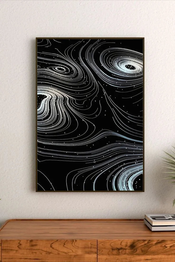 Astronomical diagram in dark blue and cyan, detailing connected constellations and bright stellar points across a deep space chart