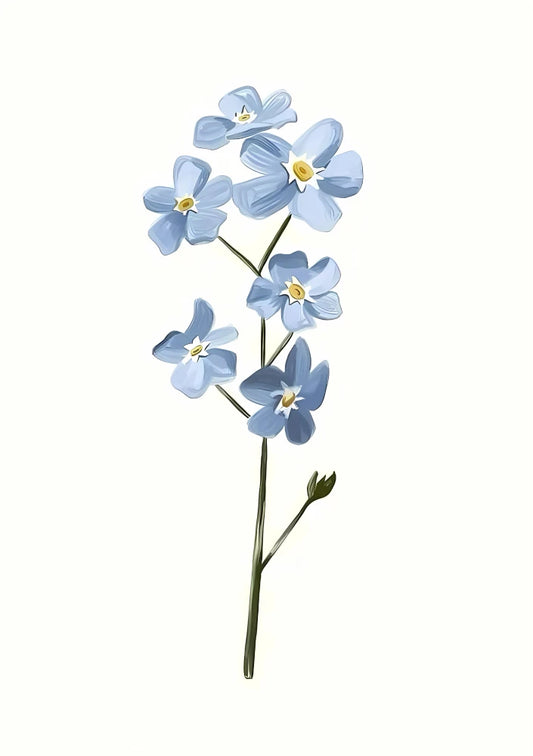 Detailed watercolor illustration featuring a lush cluster of bright royal blue forget-me-not blossoms surrounded by vibrant emerald green foliage