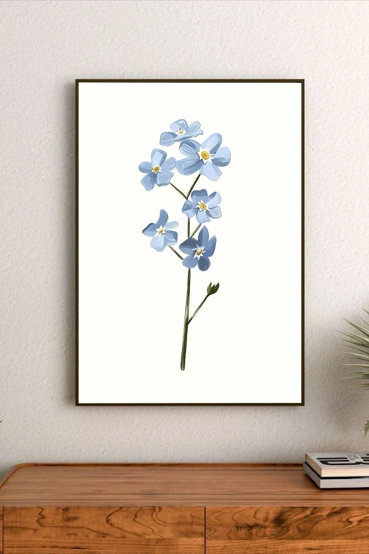 Watercolor botanical sketch showing multiple stalks of small blue forget-me-not flowers with fresh green leaves, portrait orientation