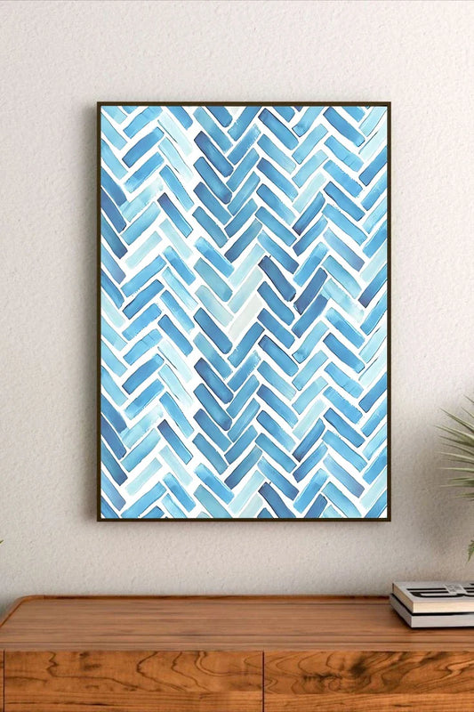 Abstract blue poster featuring dense, interlocking herringbone patterns in deep blue and light tones; creating an overall woven geometric texture