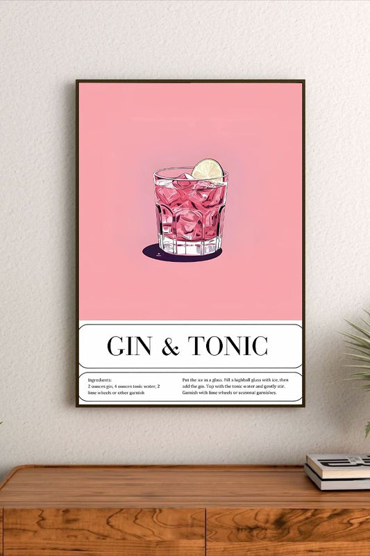 Portrait poster with stylized vintage text announcing "Gin & Tonic" and "Pink Lemonade," featuring a color scheme of deep teal, coral pink, and cream
