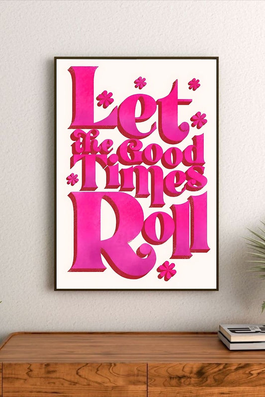 Retro typographic poster featuring "Good Times" in playful script lettering, set against a pale pink background with whimsical graphic flourishes