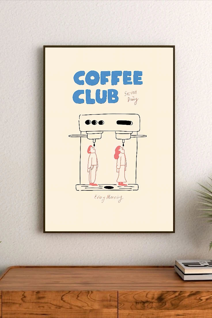 Portrait poster with "COFFEE CLUB" in blue bold font, two figures under a coffee machine, "Served Daily" and "Every Morning" in script