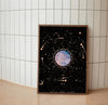 Deep space cosmic poster in portrait orientation featuring blues, indigos, and glowing constellations set around a telescopic viewing portal