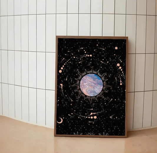Deep space cosmic poster in portrait orientation featuring blues, indigos, and glowing constellations set around a telescopic viewing portal