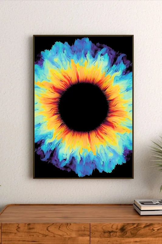 Energetic abstract artwork showing a silhouette amidst vibrant neon blue, purple arcs, and radiating spherical dimensional lines