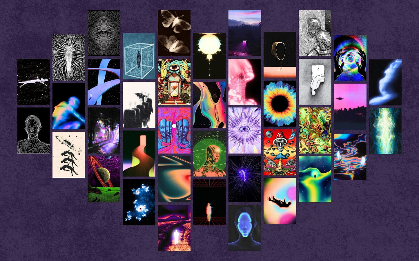 Higher Dimension wall collage kit featuring psychedelic posters of glowing figures, surreal space landscapes, and trippy mushroom art on a purple background.
