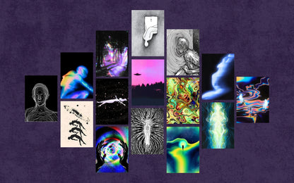 Multicolored abstract art pieces arranged in a grid on a purple background