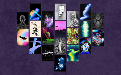 Collage of various abstract and surreal images on a purple background