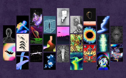 Collage of various abstract and surreal artworks on a purple background