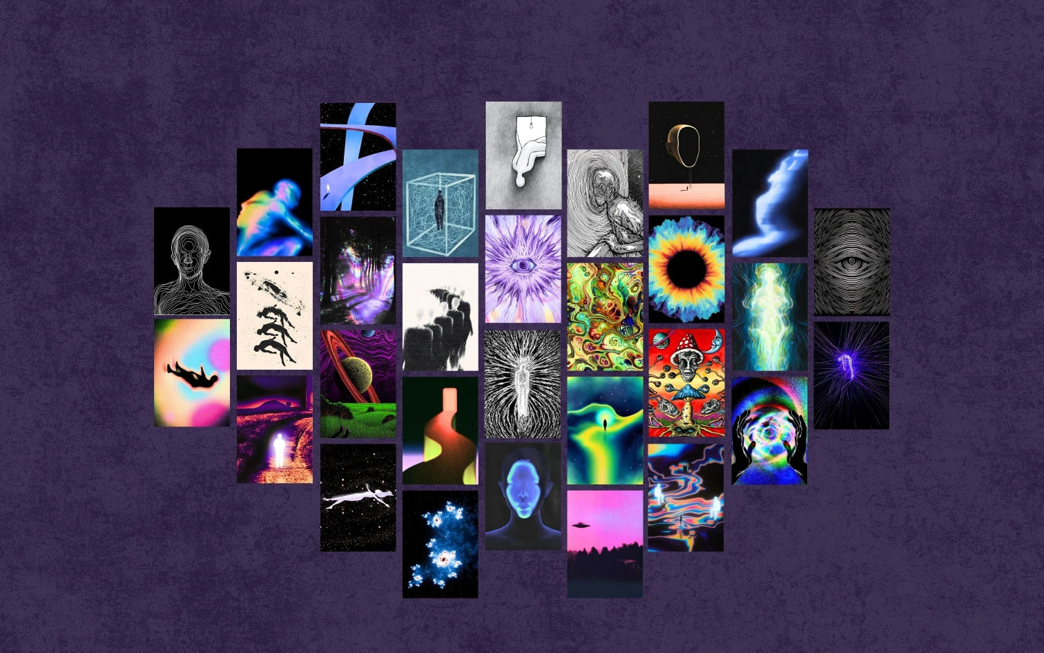 Collage of various abstract and digital artworks on a purple background