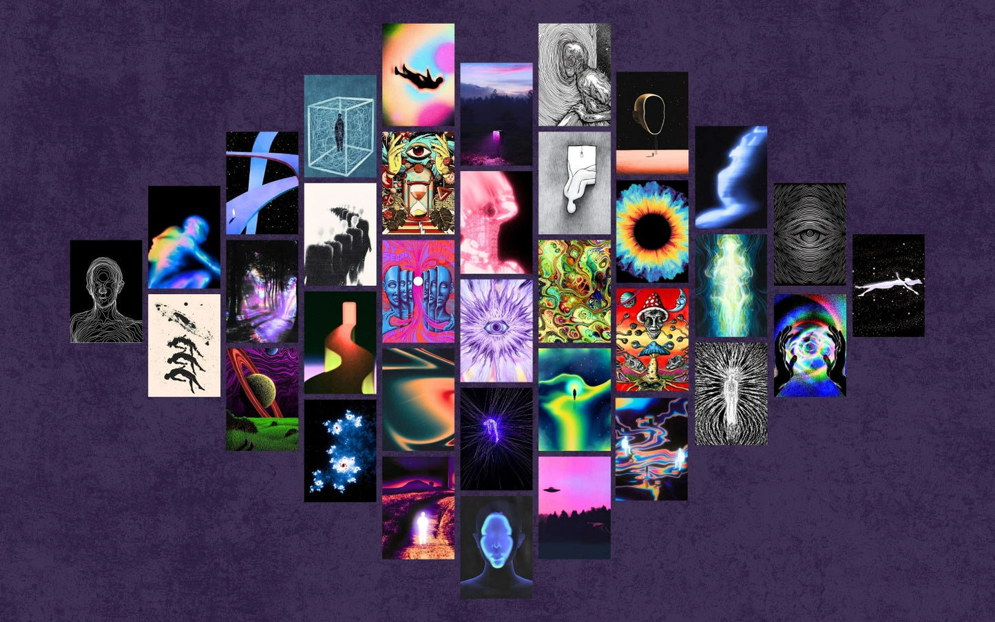 Collage of various abstract and surreal images on a purple background