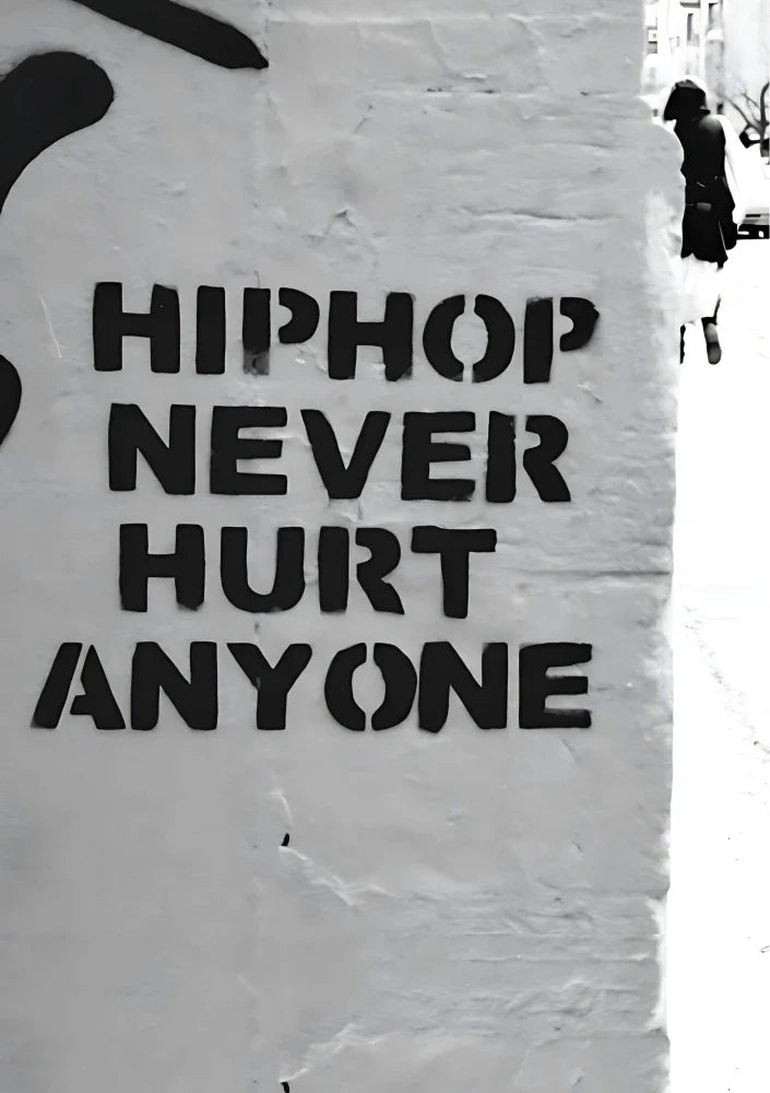 Retro-style portrait poster featuring bold typography, cassette tapes, and hip hop iconography in vibrant shades of red, yellow, and black