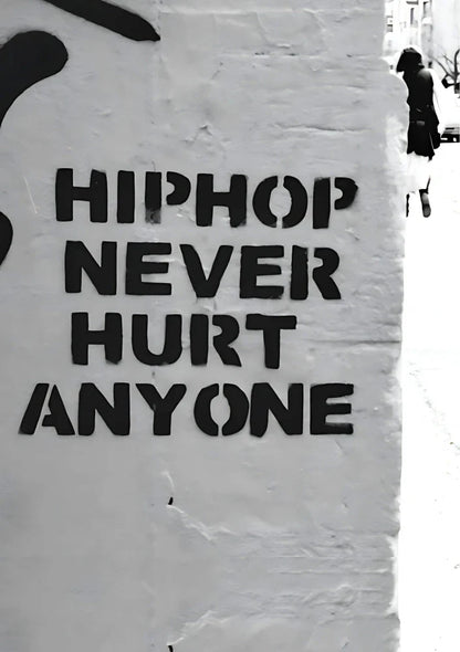 Retro-style portrait poster featuring bold typography, cassette tapes, and hip hop iconography in vibrant shades of red, yellow, and black