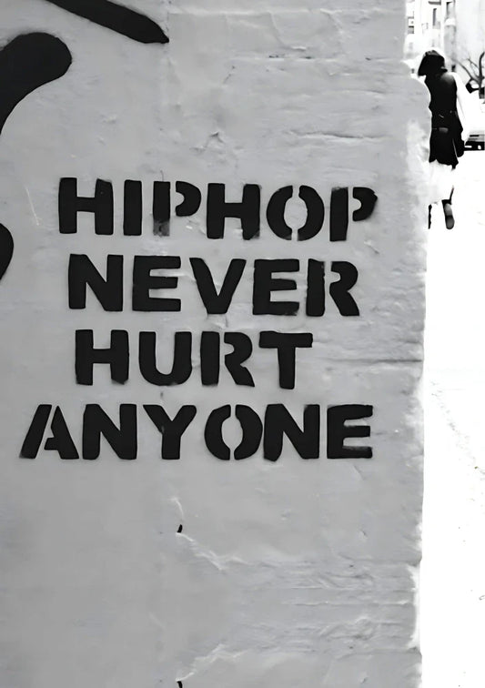 Retro-style portrait poster featuring bold typography, cassette tapes, and hip hop iconography in vibrant shades of red, yellow, and black