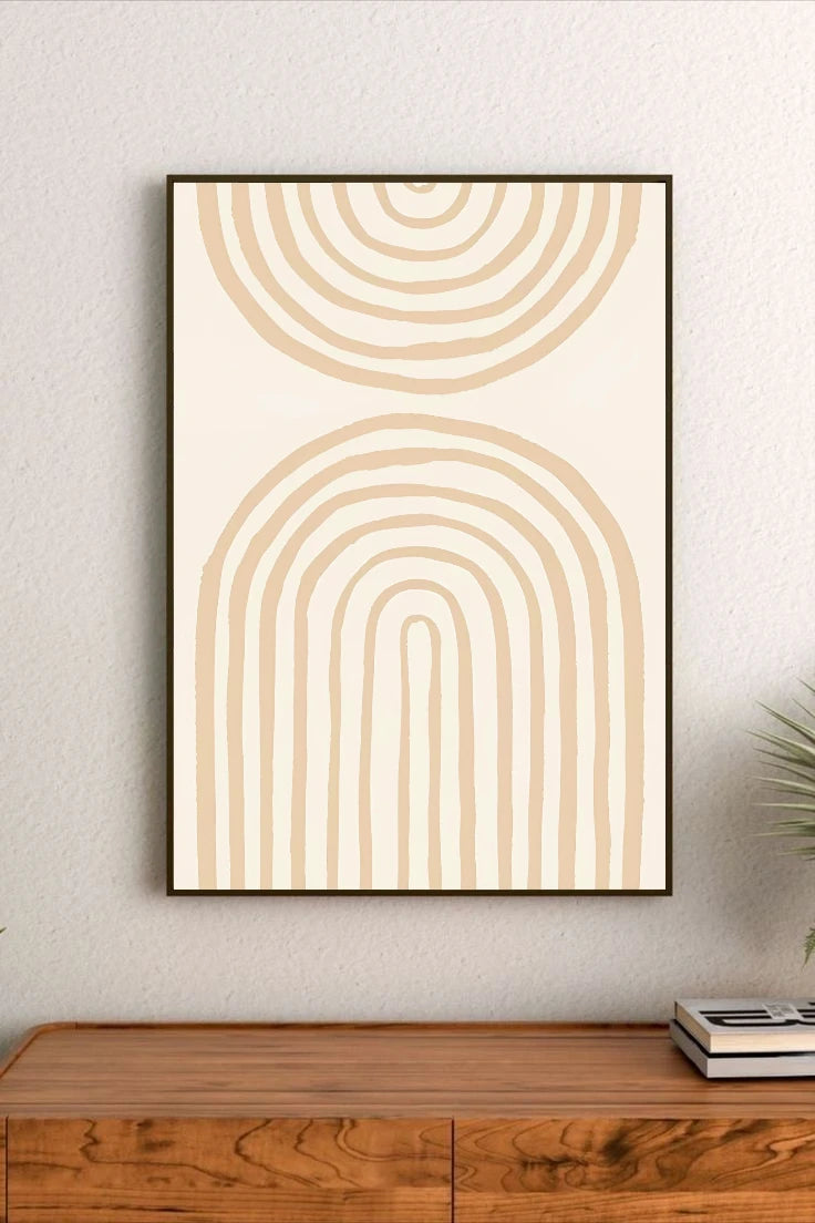Portrait poster with two abstract arches composed of concentric beige lines on a cream background