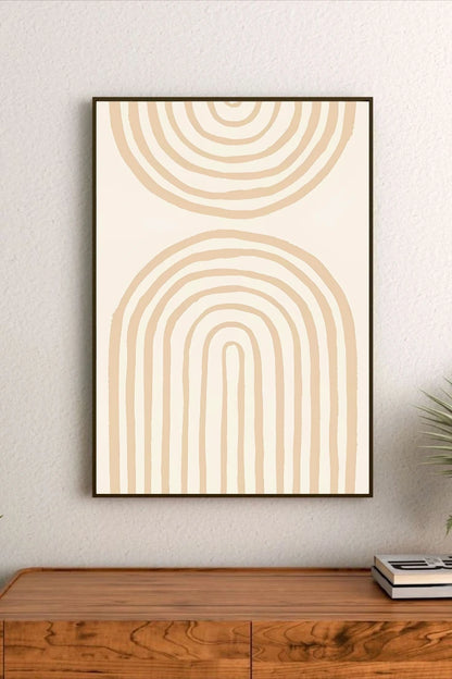 Portrait poster with two abstract arches composed of concentric beige lines on a cream background