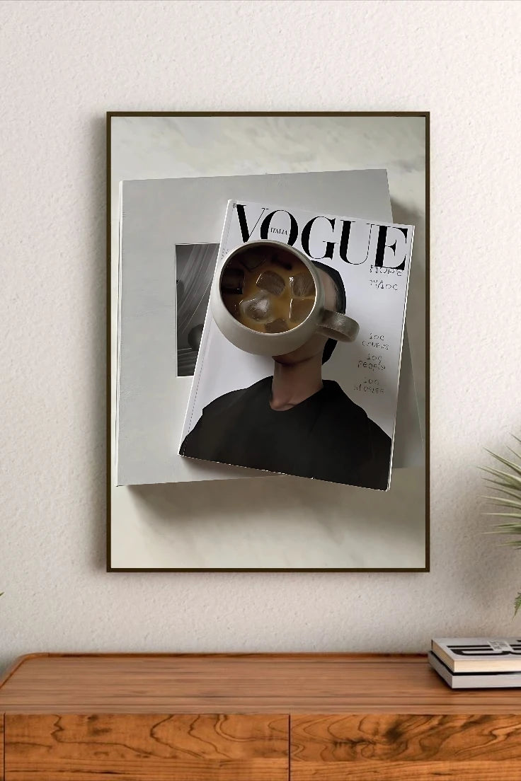 Portrait poster featuring a person holding a mug of iced coffee over a Vogue Italia magazine cover with bold typography and minimalist design