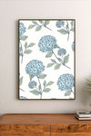 Botanical illustration featuring detailed hydrangea blooms in soft blues and whites, presented as a vertical, scientific diagram