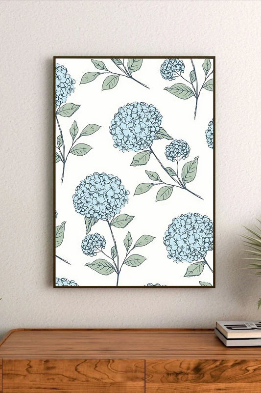 Botanical illustration featuring detailed hydrangea blooms in soft blues and whites, presented as a vertical, scientific diagram
