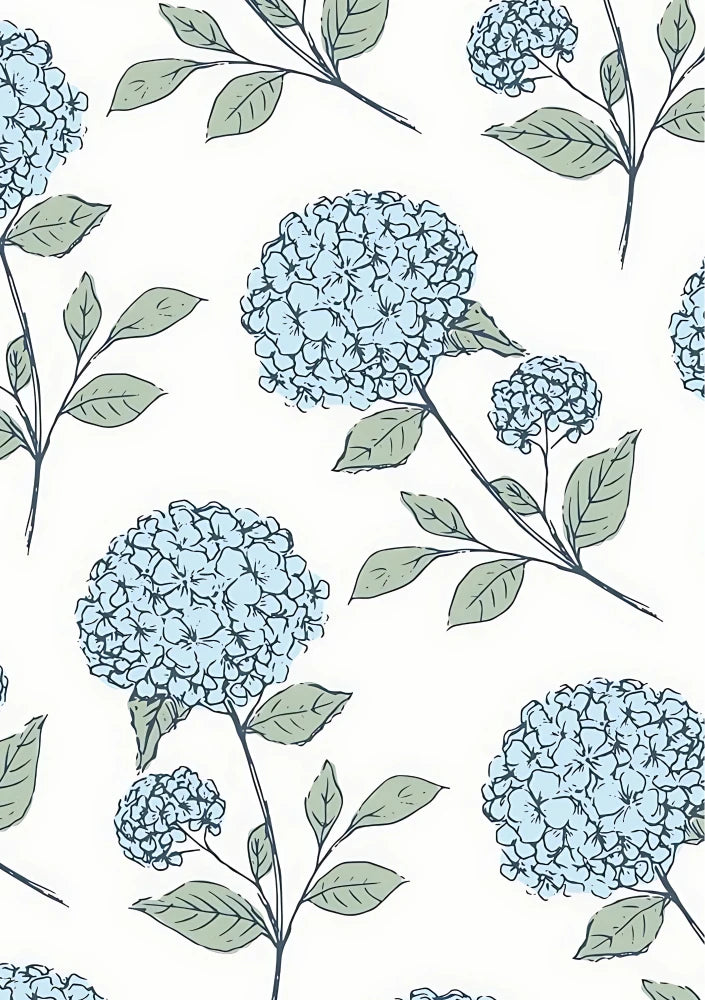 Watercolor style depiction of clustered hydrangeas in muted pastel shades, showing natural drift and loose floral composition