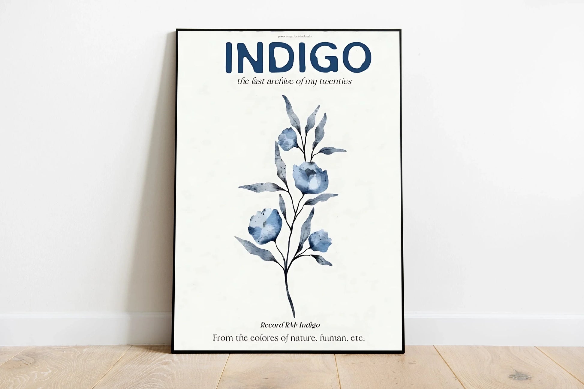 Botanical specimen sheet displaying detailed, stylized foliage and leaves combined with identifying labels printed in teal blue and indigo ink