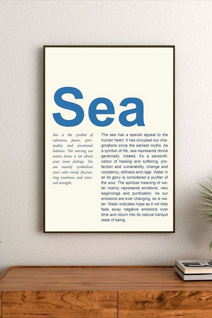 Portrait wall art featuring a stylized oceanic gradient design in deep navy blue, teal, and turquoise accents for abstract wave motifs