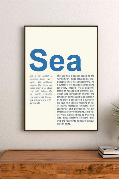 Portrait wall art featuring a stylized oceanic gradient design in deep navy blue, teal, and turquoise accents for abstract wave motifs