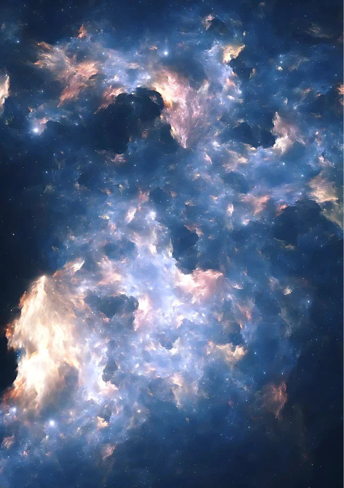 Dark science fiction poster displaying a massive planetary system or stellar cluster against a black void background