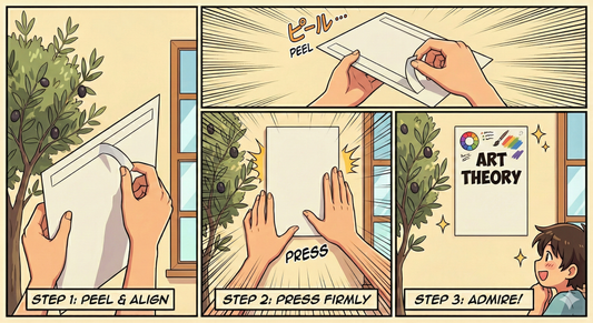 Three-panel comic showing hands peeling and aligning a print, pressing firmly to adhere, then admiring the finished wall art display