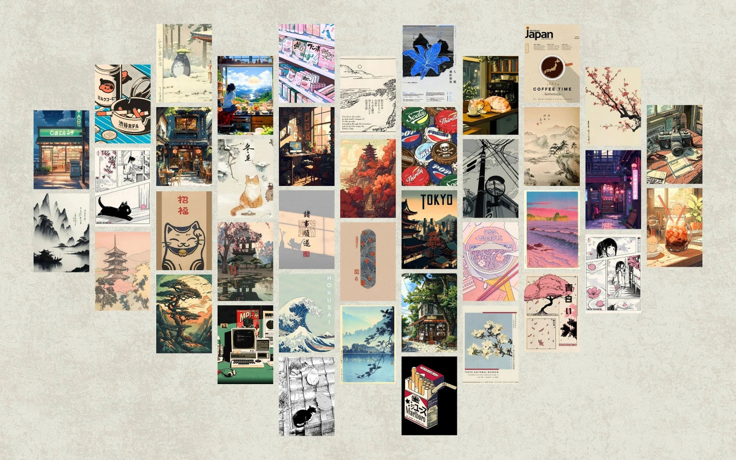 Cultural map-style panel mixing various Japanese iconography, including textual elements and geometric motifs in a grid layout