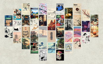 Cultural map-style panel mixing various Japanese iconography, including textual elements and geometric motifs in a grid layout