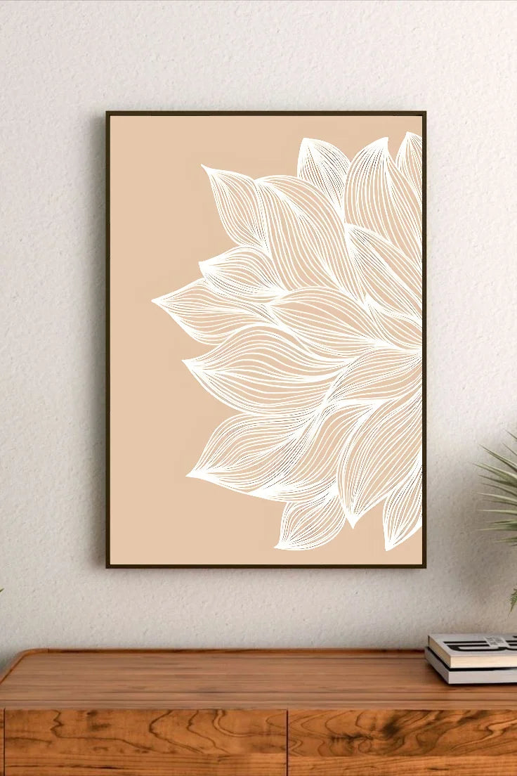 Portrait poster with white line-art lotus petals on beige background, minimalist design, asymmetric composition