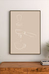 Portrait poster with minimalist white line art on beige background depicting coffee tamper, portafilter, and cup, with a droplet falling