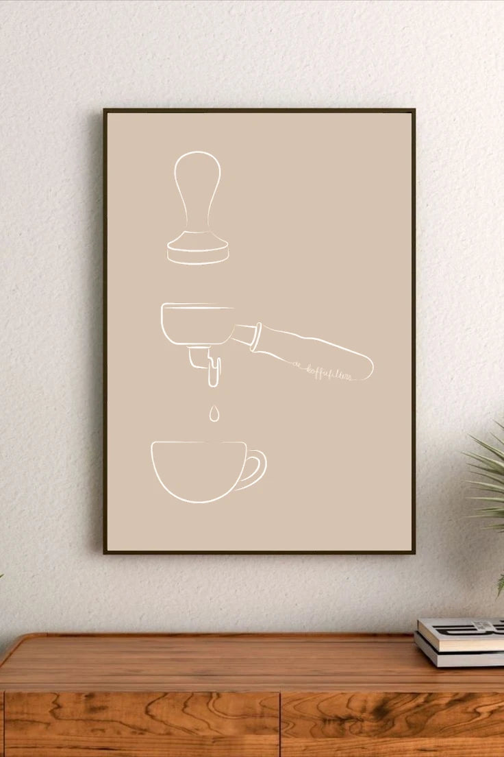 Portrait poster with minimalist white line art on beige background depicting coffee tamper, portafilter, and cup, with a droplet falling