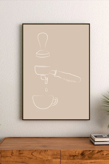 Portrait poster with minimalist white line art on beige background depicting coffee tamper, portafilter, and cup, with a droplet falling